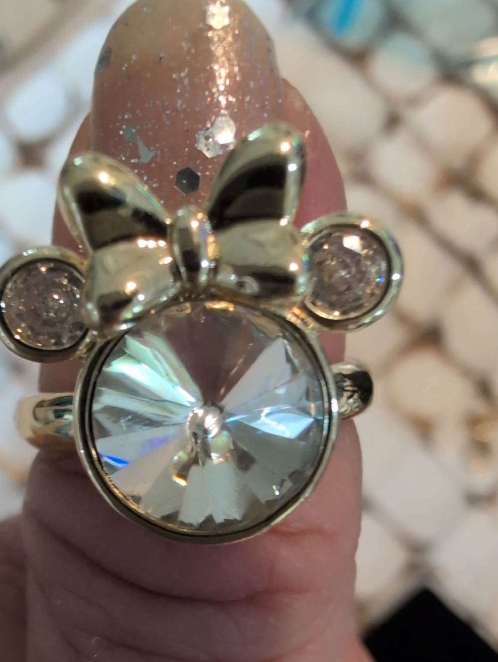 Gold Bow & Crystal Statement Ring in Clear Stone And Gold Tone Adjustable